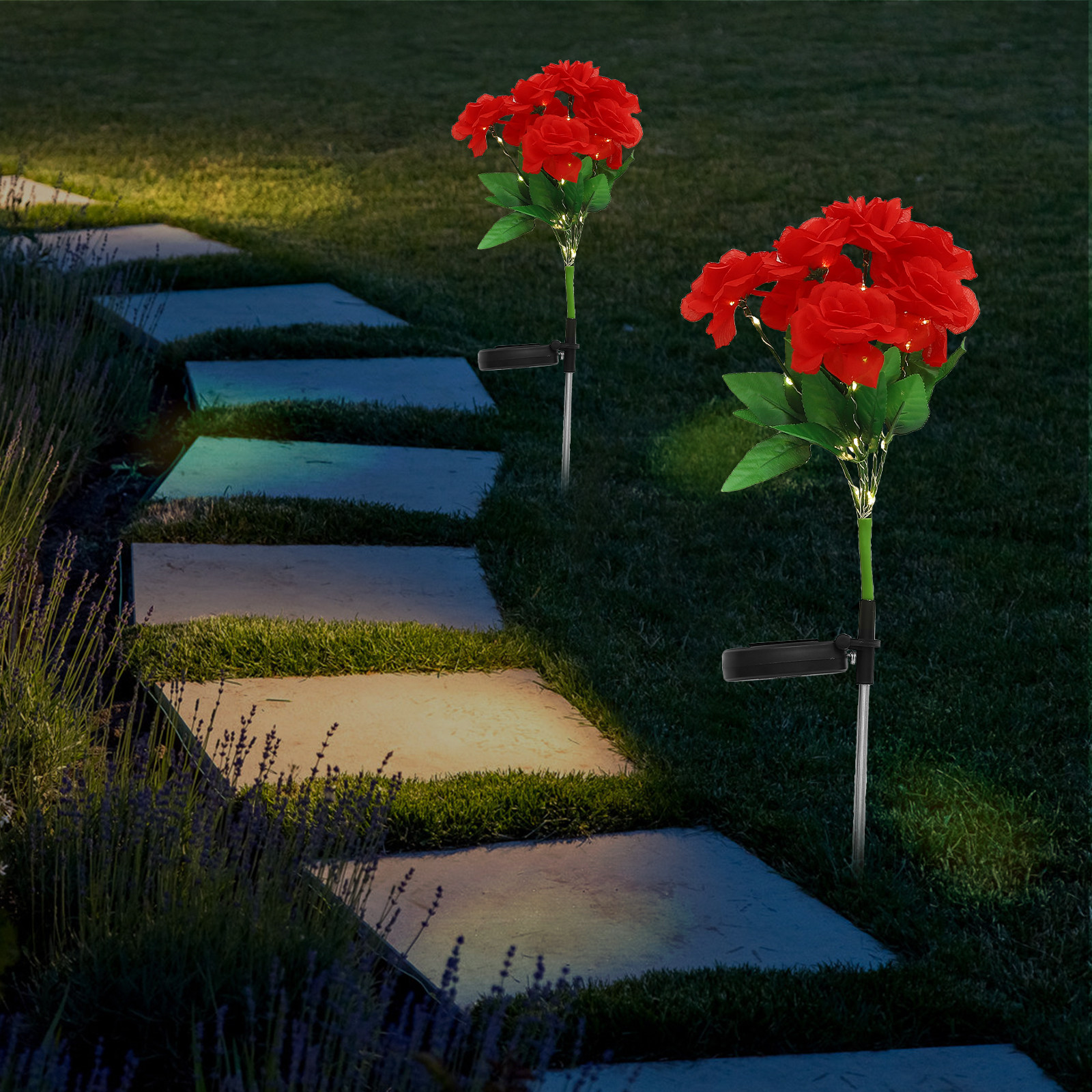 Outdoor Lighting Yard Decoration - Solar Powered 7-Head Rose Flower Stake